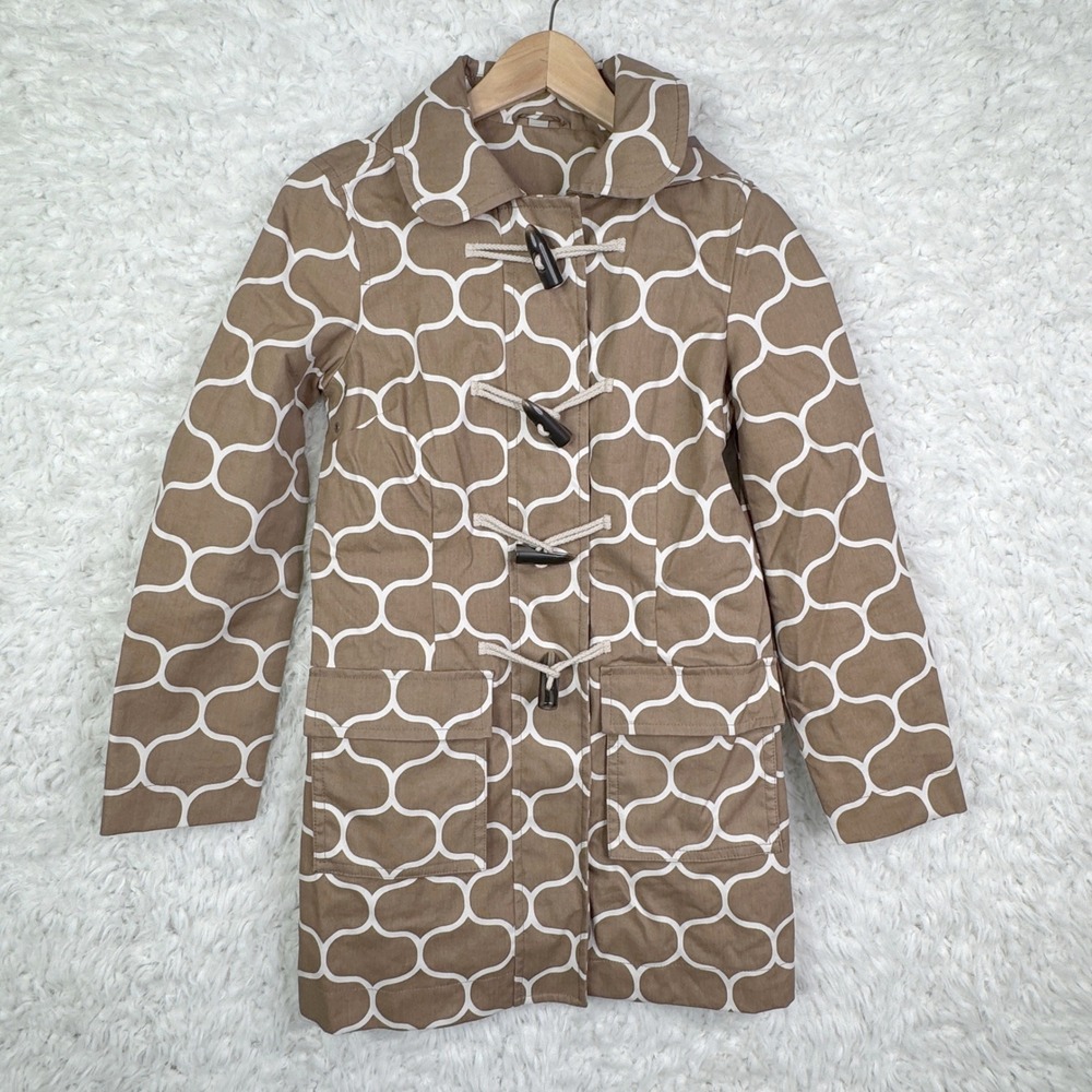 Boden Hooded Toggle Rain Trench Coat‎ Women Size 2 Brown White Geometric Cotton